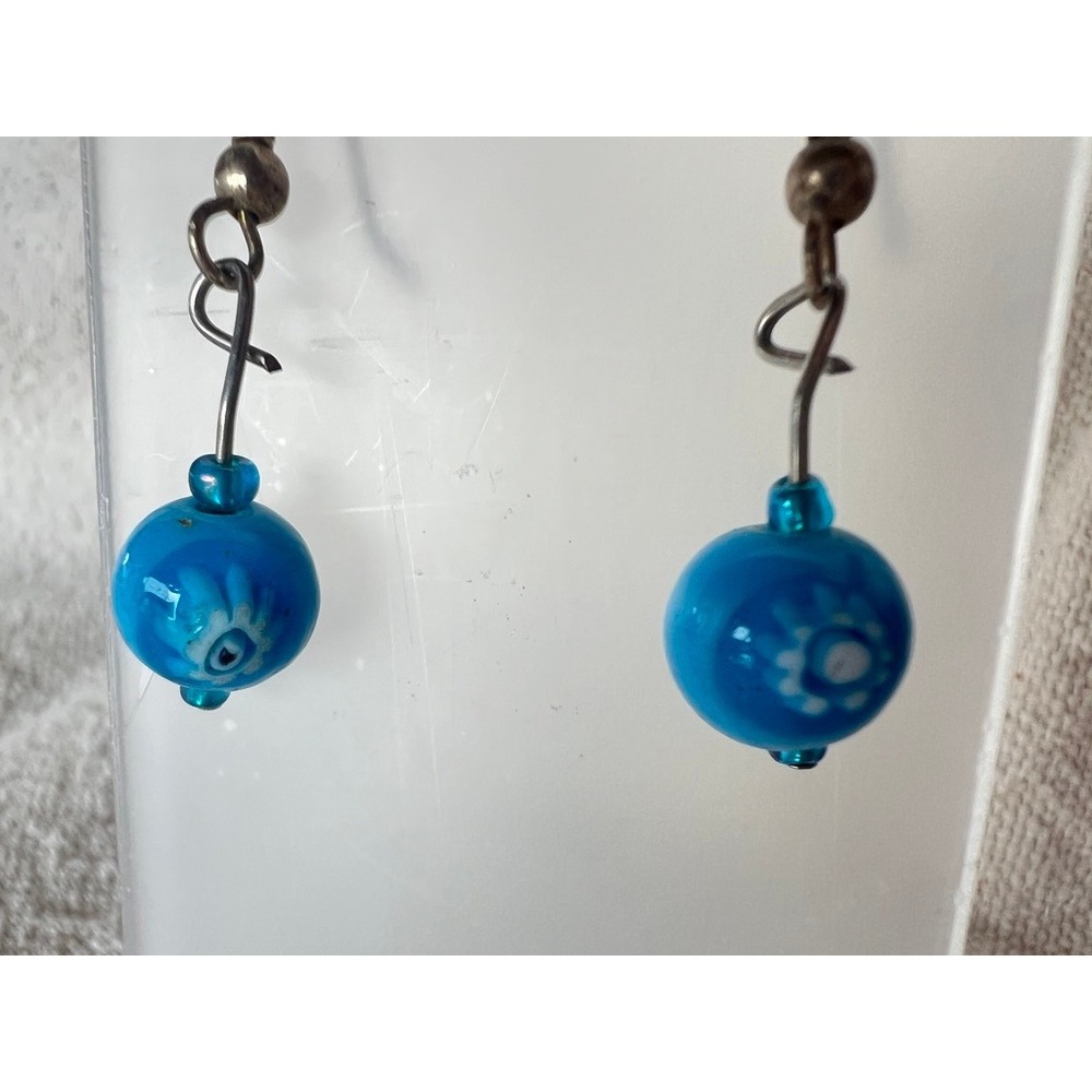 Blue Glass Floral Lampwork Drop Earrings Bright Boho Artisan Dangle Delicate